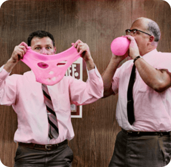 Spud and Rich playing with bright pink Super Stuff