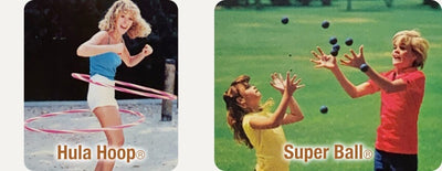 Girl twirling Hula Hoop and boy and girl bouncing Super Balls
